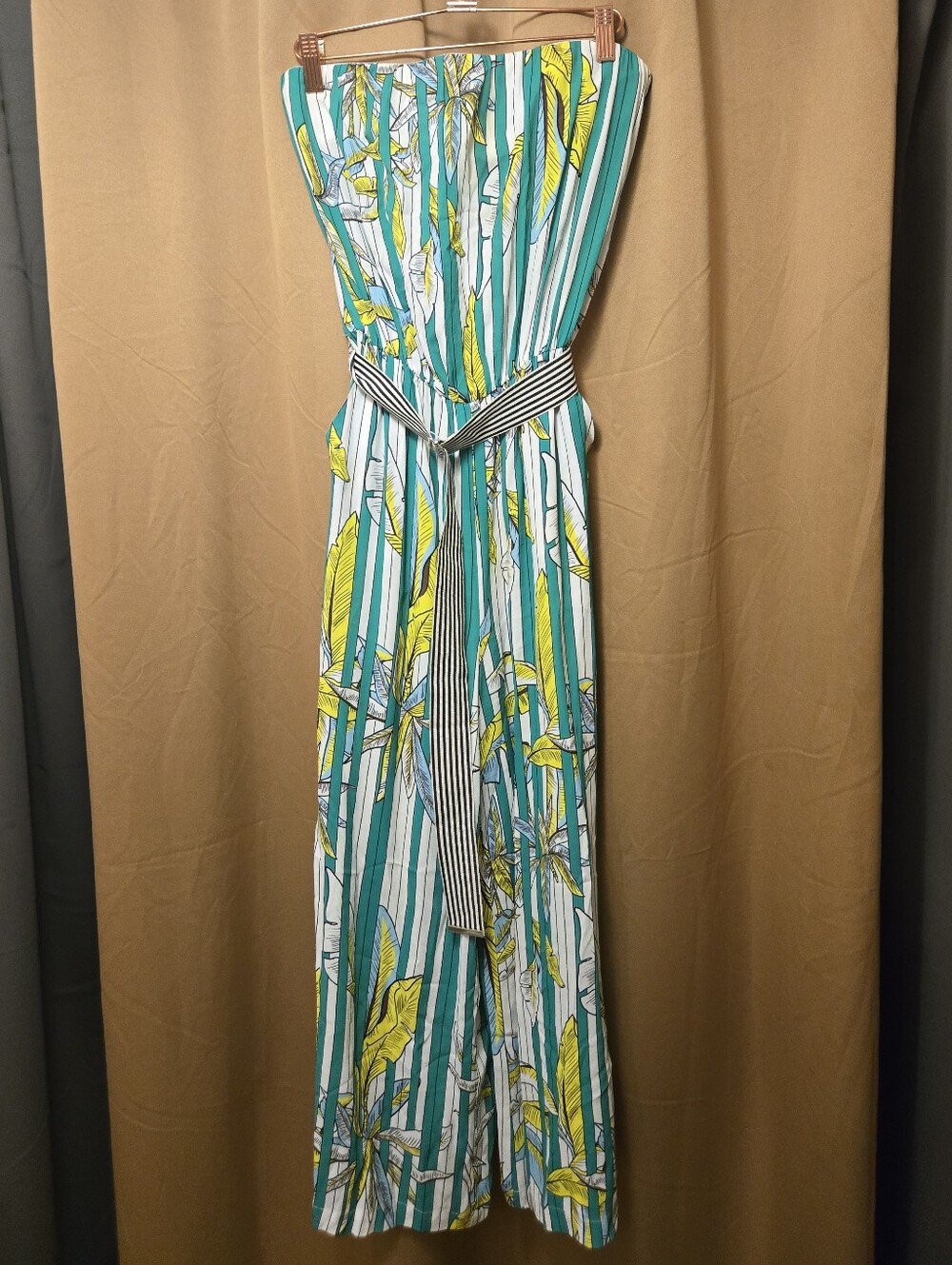 Space Style Concept Strapless Tropical-Stripe Jumpsuit- Small